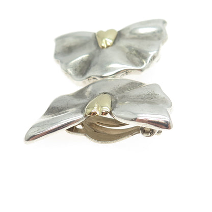 925 Sterling Silver & 18K Yellow Gold Vintage Modernist Heart Clip On Earrings