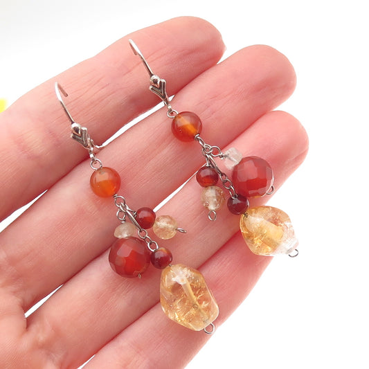 925 Sterling Silver Vintage Real Carnelian Clear Quartz Citrine Beaded Earrings
