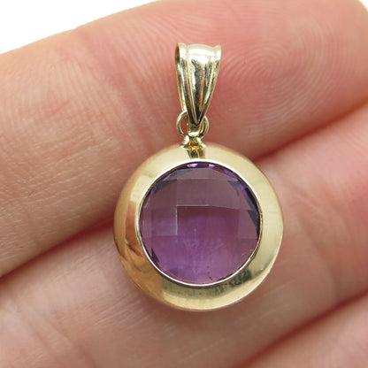 14K Yellow Gold Real Round-Cut Amethyst Disc Charm Pendant