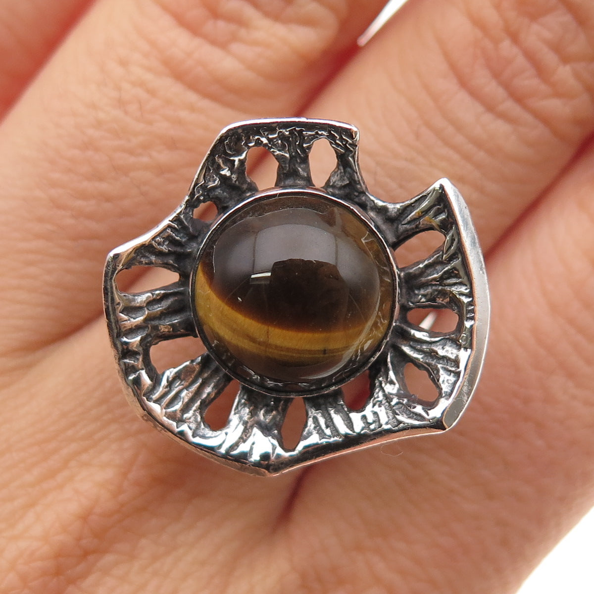 925 Sterling Vintage Israel Real Tiger Eye Modernist Adjustable Ring Size 7.75