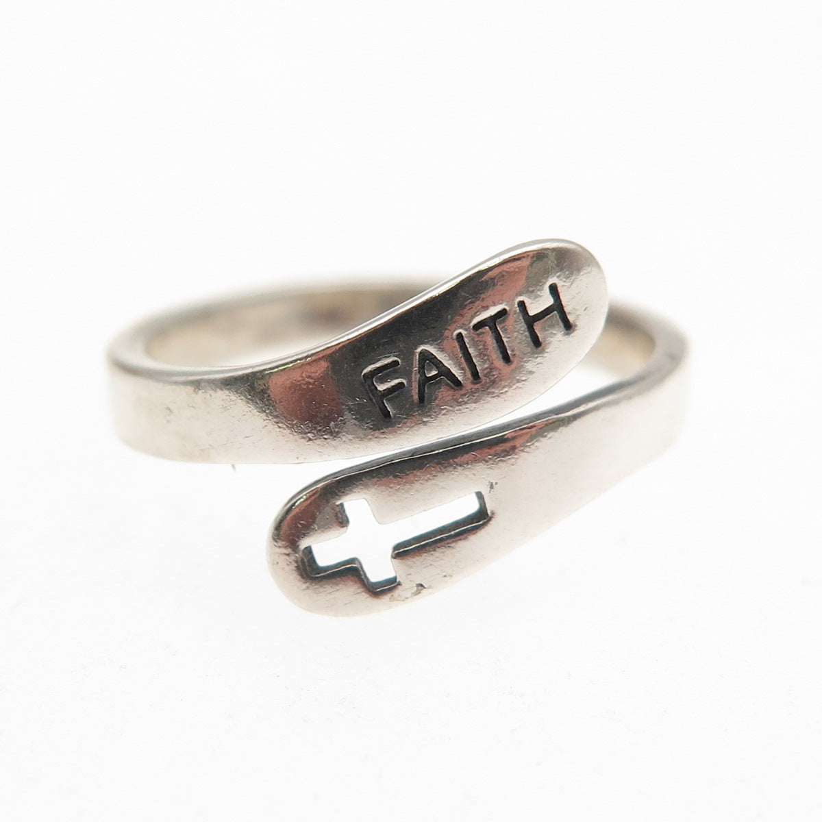 925 Sterling Silver Vintage Faith Cross Adjustable Bypass Ring Size 6.75
