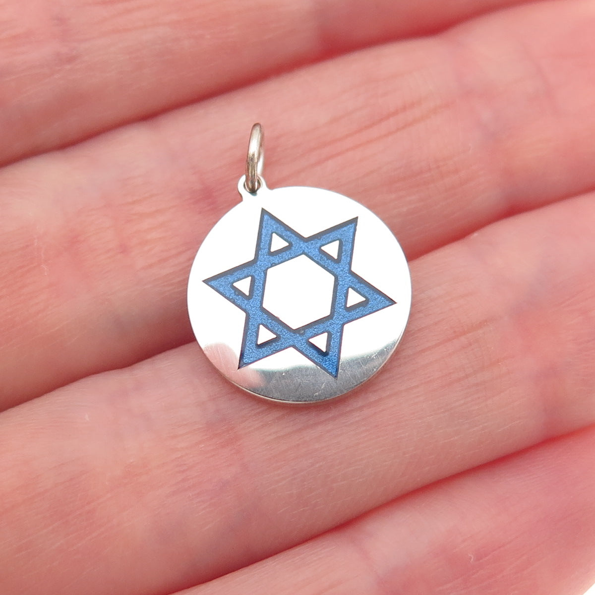 925 Sterling Silver Blue Enamel Star of David Round Tag Mini Charm Pendant