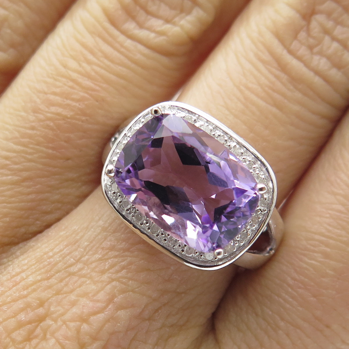 925 Sterling Silver Real Round-Cut Diamond & Amethyst Ring Size 7.25
