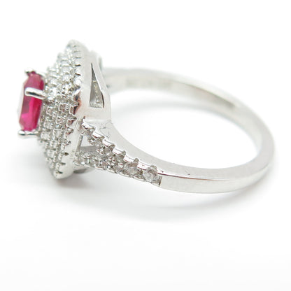 925 Sterling Silver Cushion-Cut Lab-Created Pink Sapphire & C Z Ring Size 7