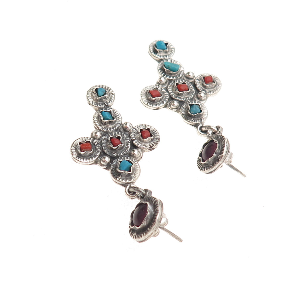 925 Sterling Silver Vintage Mexico Real Turquoise Coral Amethyst Cross Earrings