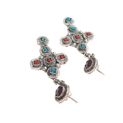 925 Sterling Silver Vintage Mexico Real Turquoise Coral Amethyst Cross Earrings