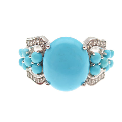 925 Sterling Silver Real Sleeping Beauty Turquoise & White Topaz Ring Size 8
