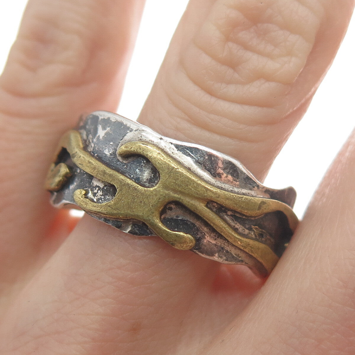 925 Sterling Silver 2-Tone Vintage Modernist Oxidized Band Ring Size 14.5