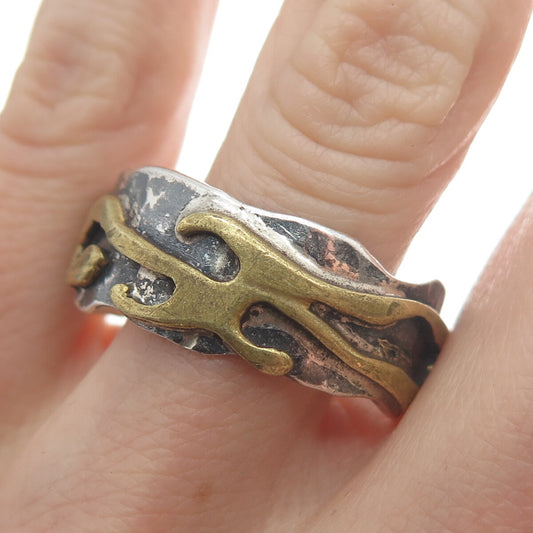 925 Sterling Silver 2-Tone Vintage Modernist Oxidized Band Ring Size 14.5