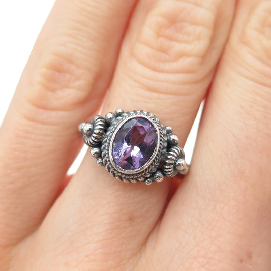 925 Sterling Silver Vintage Real Amethyst Cannetille Oxidized Ring Size 5.5