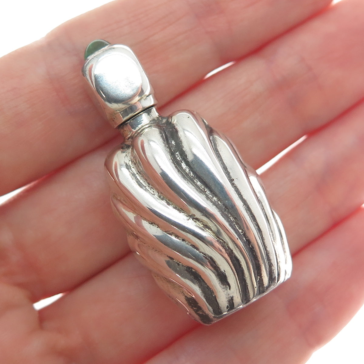 925 Sterling Silver Vintage Mexico Green Glass Modernist Oxidized Perfume Bottle