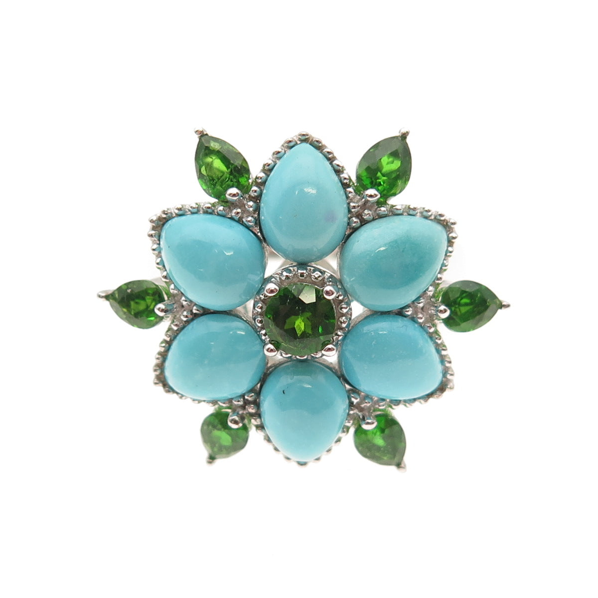 925 Sterling Silver Real Tyrone Turquoise & Peridot Floral Ring Size 8.25