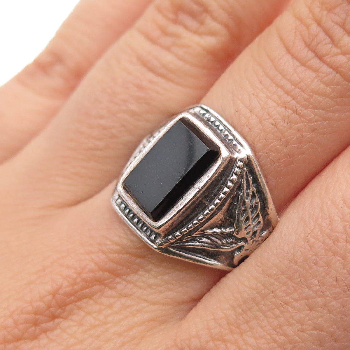 925 Sterling Silver Vintage Real Black Onyx Eagle Bird Oxidized Ring Size 9.75