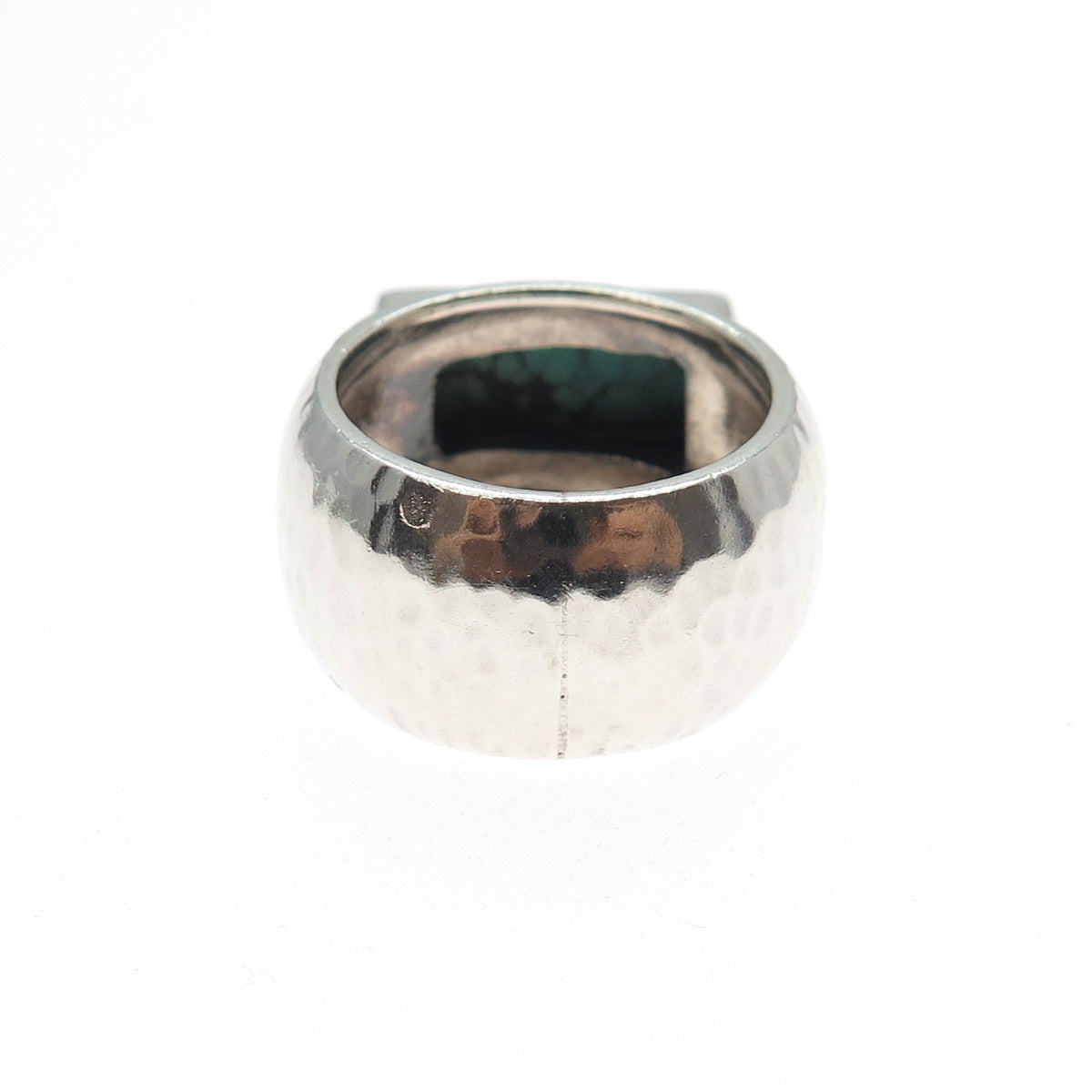 925 Sterling Silver Vintage Real Peacock Turquoise Hammered Finish Ring Size 7.5