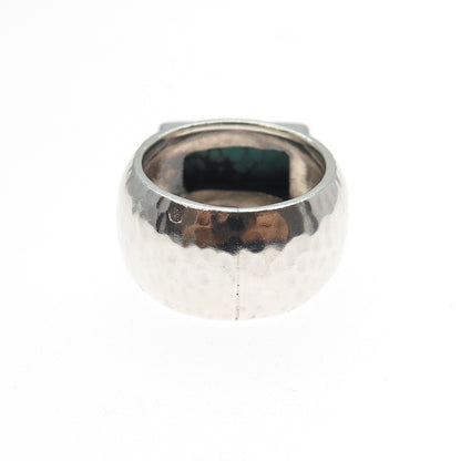 925 Sterling Silver Vintage Real Peacock Turquoise Hammered Finish Ring Size 7.5