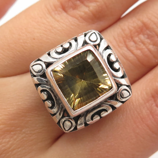 925 Sterling Silver Vintage Real Citrine Gemstone Ornate Ring Size 6