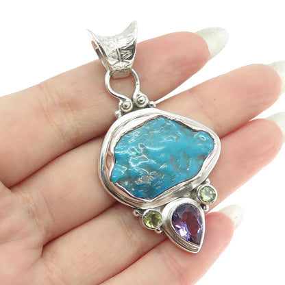 925 Sterling Silver Vintage Real Turquoise Peridot & Amethyst Modernist Pendant