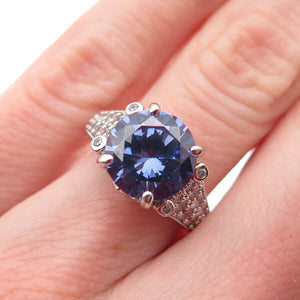 925 Sterling Silver Round-Cut Blue & White C Z Ring Size 5.25