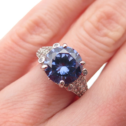 925 Sterling Silver Round-Cut Blue & White C Z Ring Size 5.25