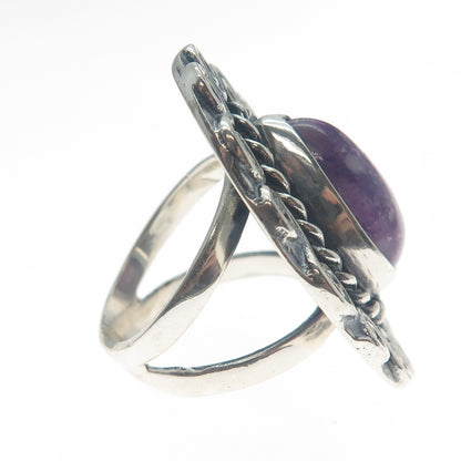 925 Sterling Silver Vintage Real Pear-Cut Charoite Spiral Oxidized Ring Size 8