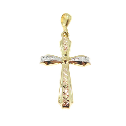 14K Yellow & White Gold Diamond-Cut Cross Religious Charm Pendant