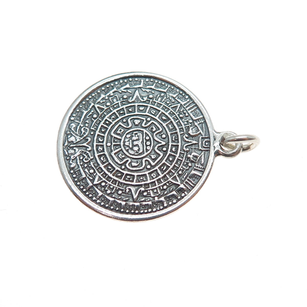 925 Sterling Silver Vintage Mayan Calendar Oxidized Charm Pendant
