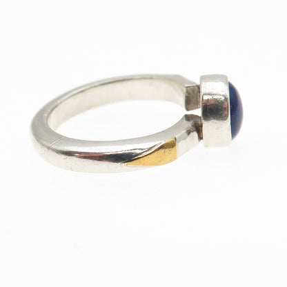 925 Sterling Silver 22K Gold Vintage Real Lapis Modernist Ring Size 4.75