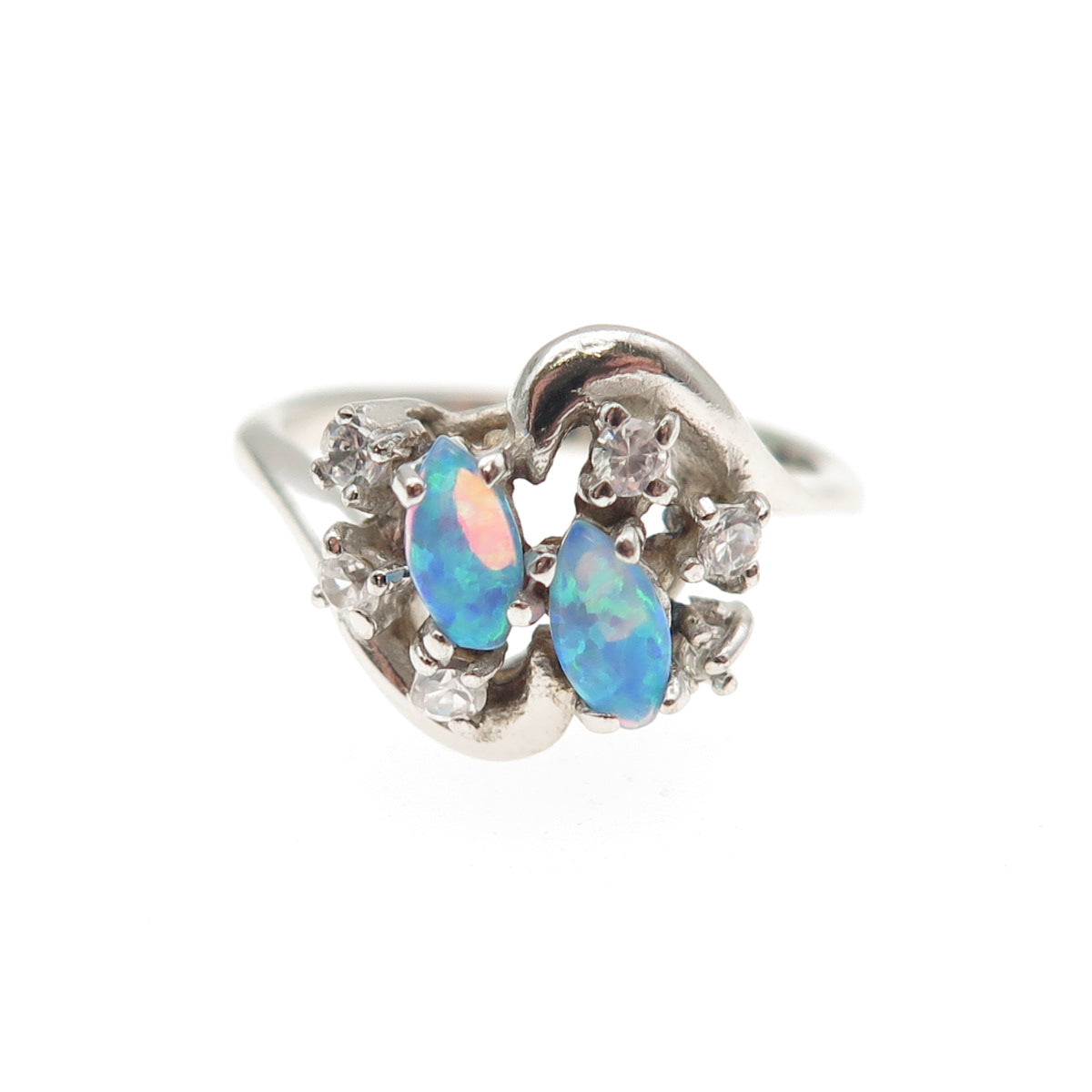 925 Sterling Silver Vintage Real Opal & C Z Cluster Ring Size 6.25