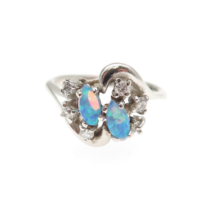925 Sterling Silver Vintage Real Opal & C Z Cluster Ring Size 6.25