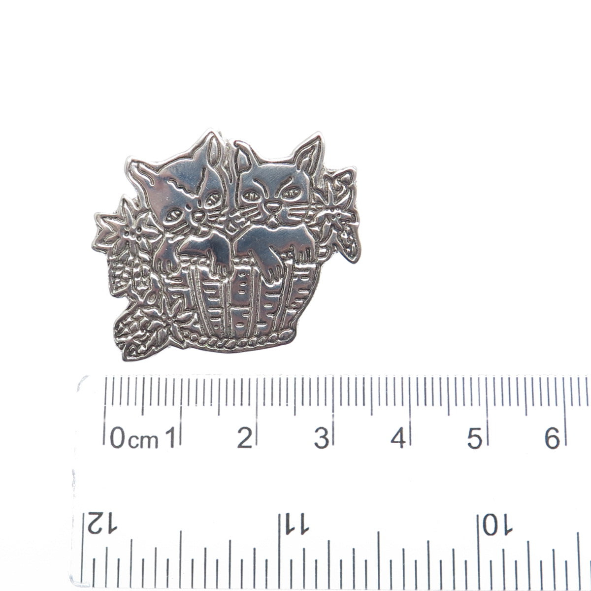 925 Sterling Silver Vintage Mexico Kitty Cat Basket Oxidized Pin Brooch Pendant