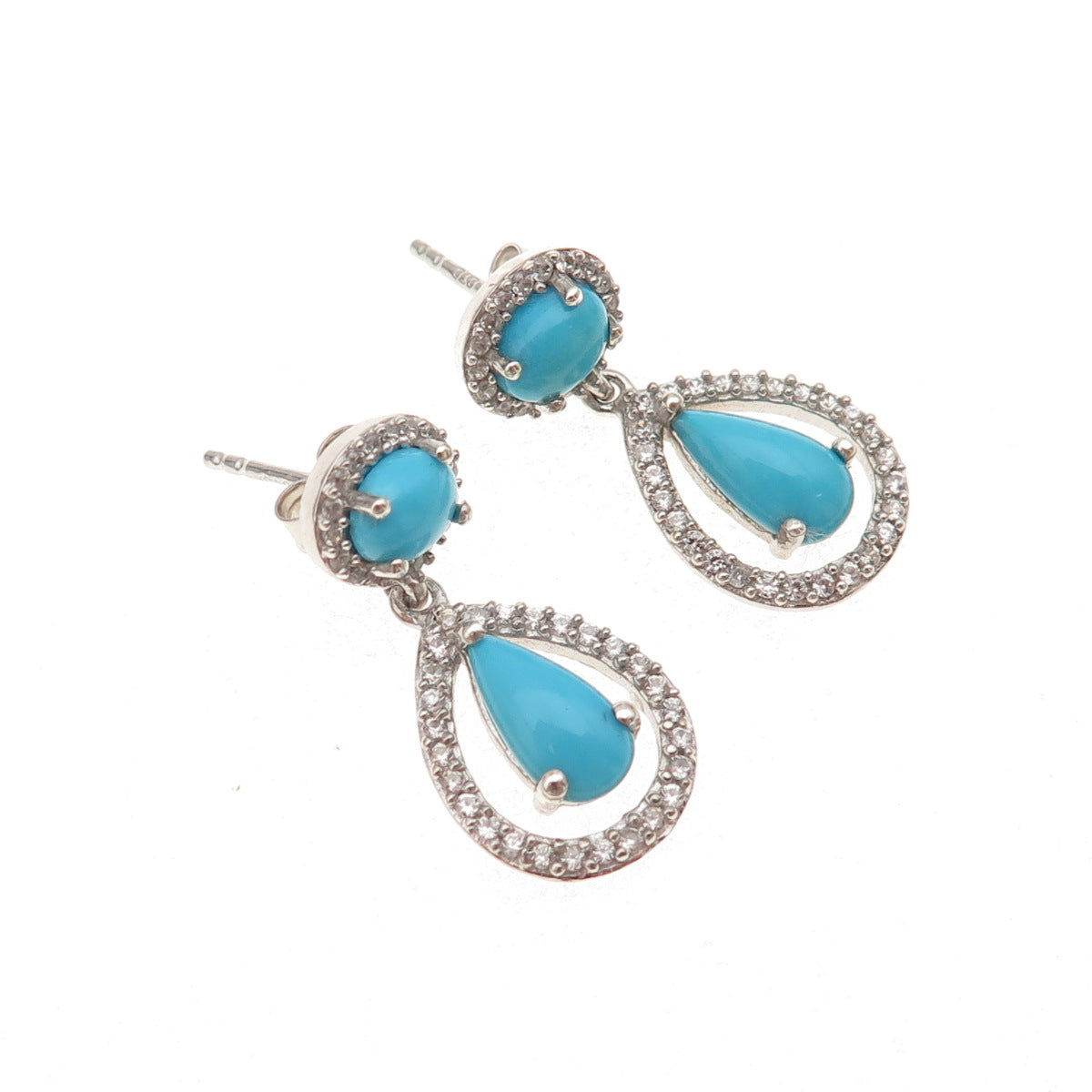 925 Sterling Silver Real Sleeping Beauty Turquoise & White Topaz Dangle Earrings