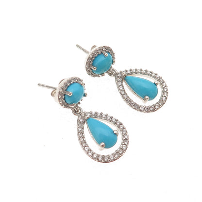 925 Sterling Silver Real Sleeping Beauty Turquoise & White Topaz Dangle Earrings