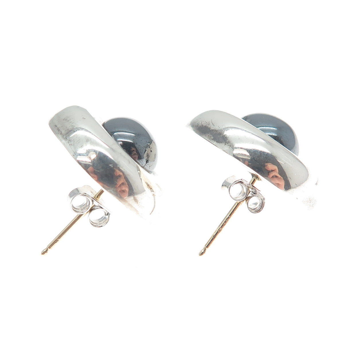 BARRA Sterling Silver & 14K Gold Posts Vintage Real Hematite Modernist Earrings