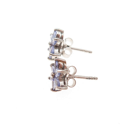 Chuck Clemency Sterling Silver Real Marquise-Cut Tanzanite Floral Stud Earrings