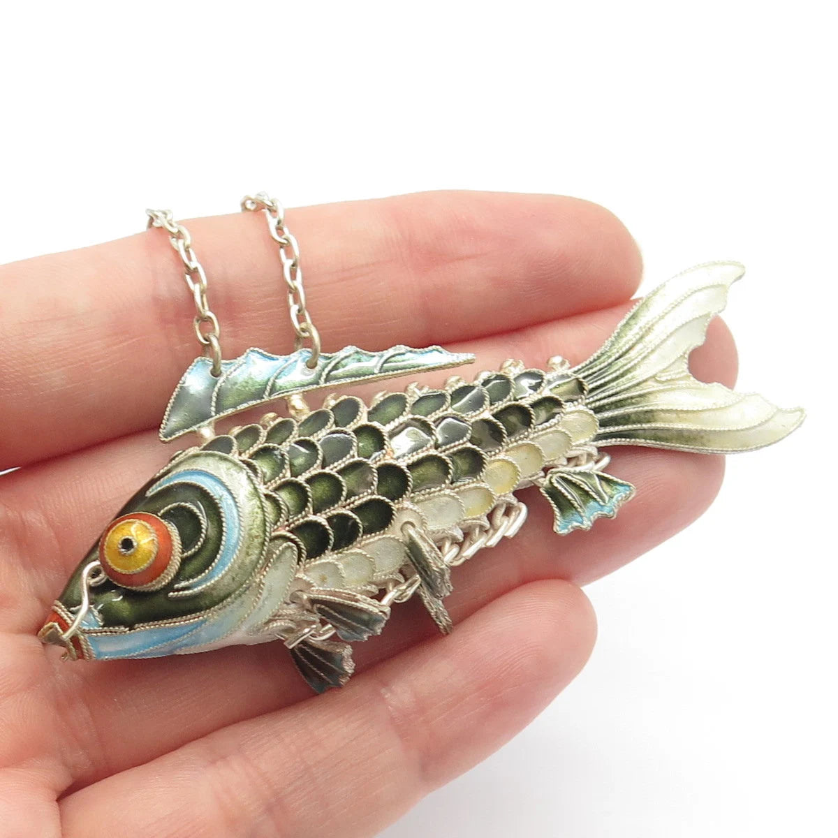 925 Sterling Silver Enamel Antique Chinese Koi Fish Chatelaine Pendant / Fob