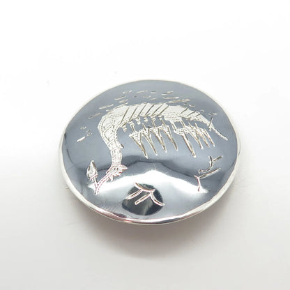 925 Sterling Silver Vintage Siam Niello Boat / Ship Round Pin Brooch