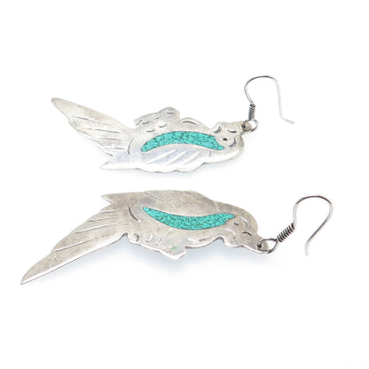 925 Sterling Silver Vintage Mexico Real Turquoise Inlay Parrot Dangle Earrings