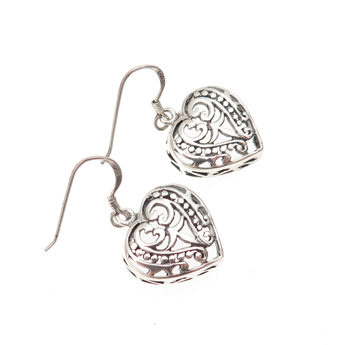 925 Sterling Silver Vintage Floral Heart Oxidized Dangle Earrings