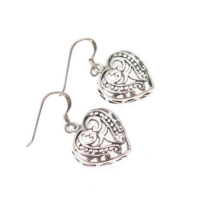 925 Sterling Silver Vintage Floral Heart Oxidized Dangle Earrings