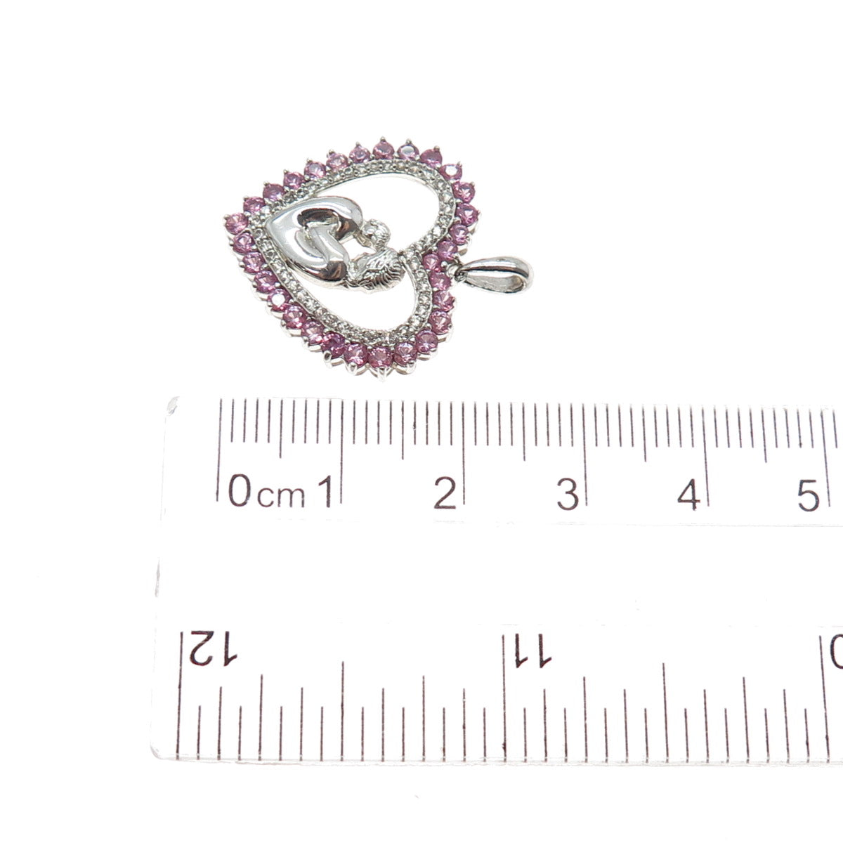 925 Sterling Silver Real Pink & White Topaz Mom Child Heart Mini Charm Pendant