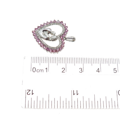 925 Sterling Silver Real Pink & White Topaz Mom Child Heart Mini Charm Pendant