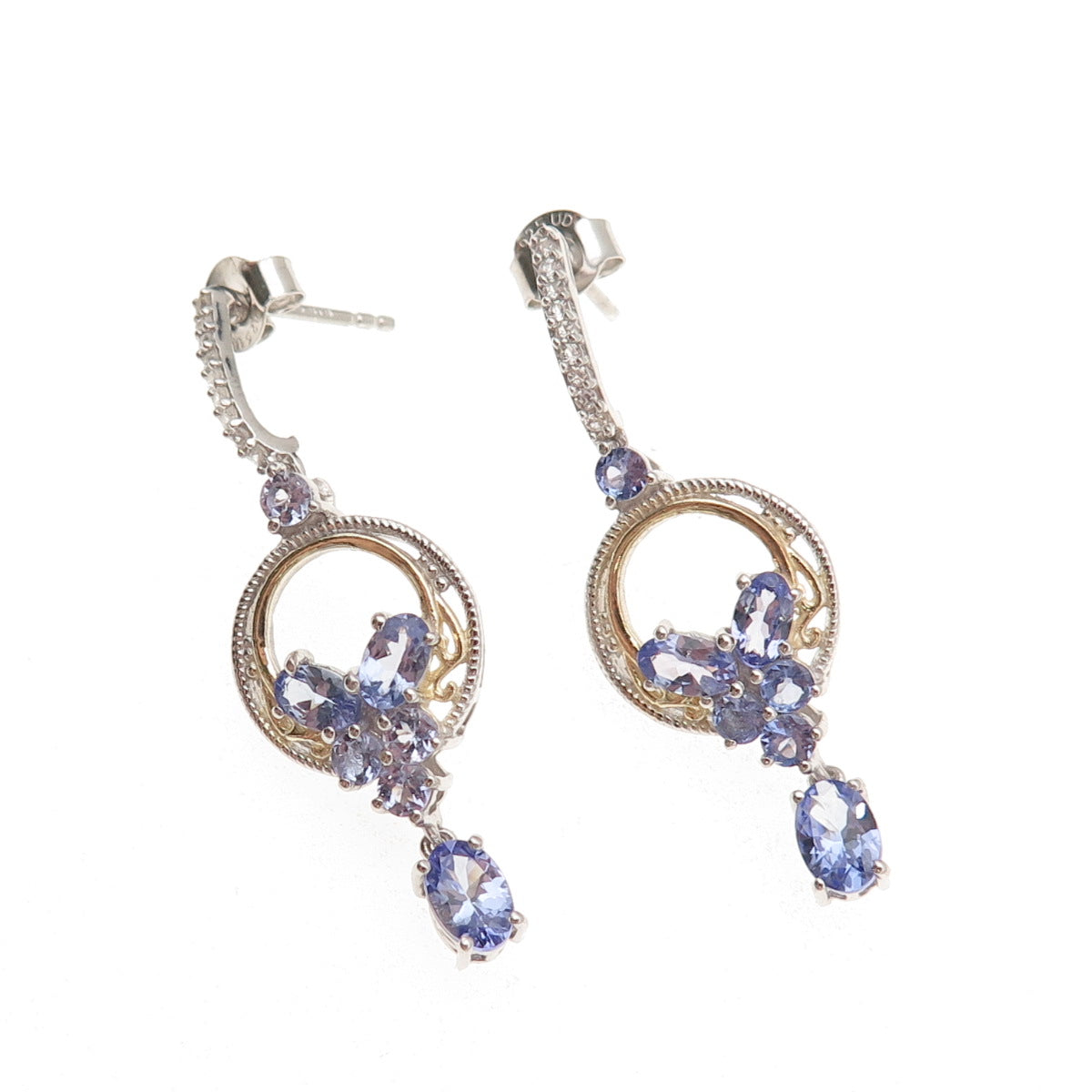 Chuck Clemency 925 Sterling Silver 2-Tone Real Tanzanite & White Topaz Earrings