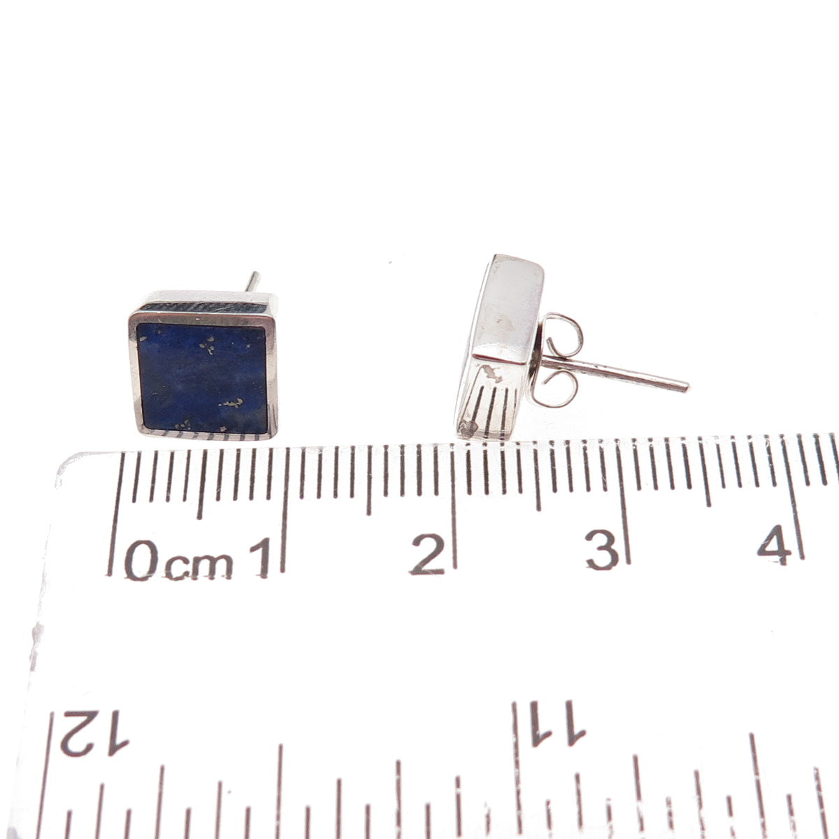 925 Sterling Silver Vintage Real Lapis Square Stud Earrings