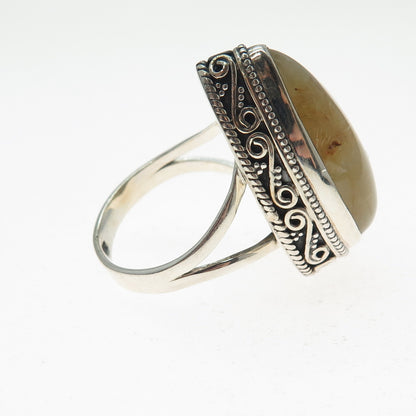 925 Sterling Silver Vintage Real Rutilated Quartz Spiral Oxidized Ring Size 10