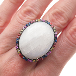 DSMK Sterling Black Rhodium Real Moonstone & Multi-Color Sapphire Ring Size 7.25