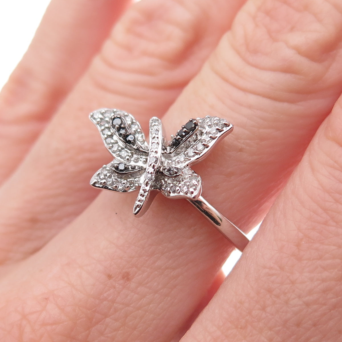 925 Sterling Silver Real Black & White Diamond Butterfly Ring Size 7