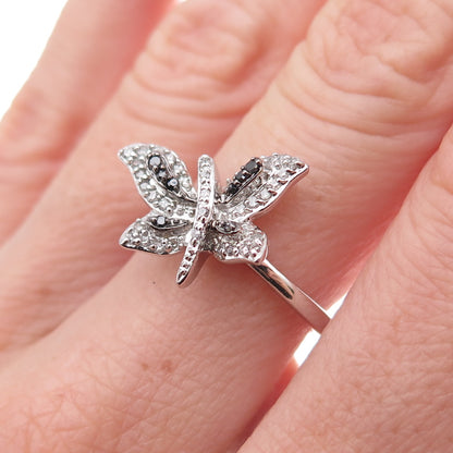 925 Sterling Silver Real Black & White Diamond Butterfly Ring Size 7