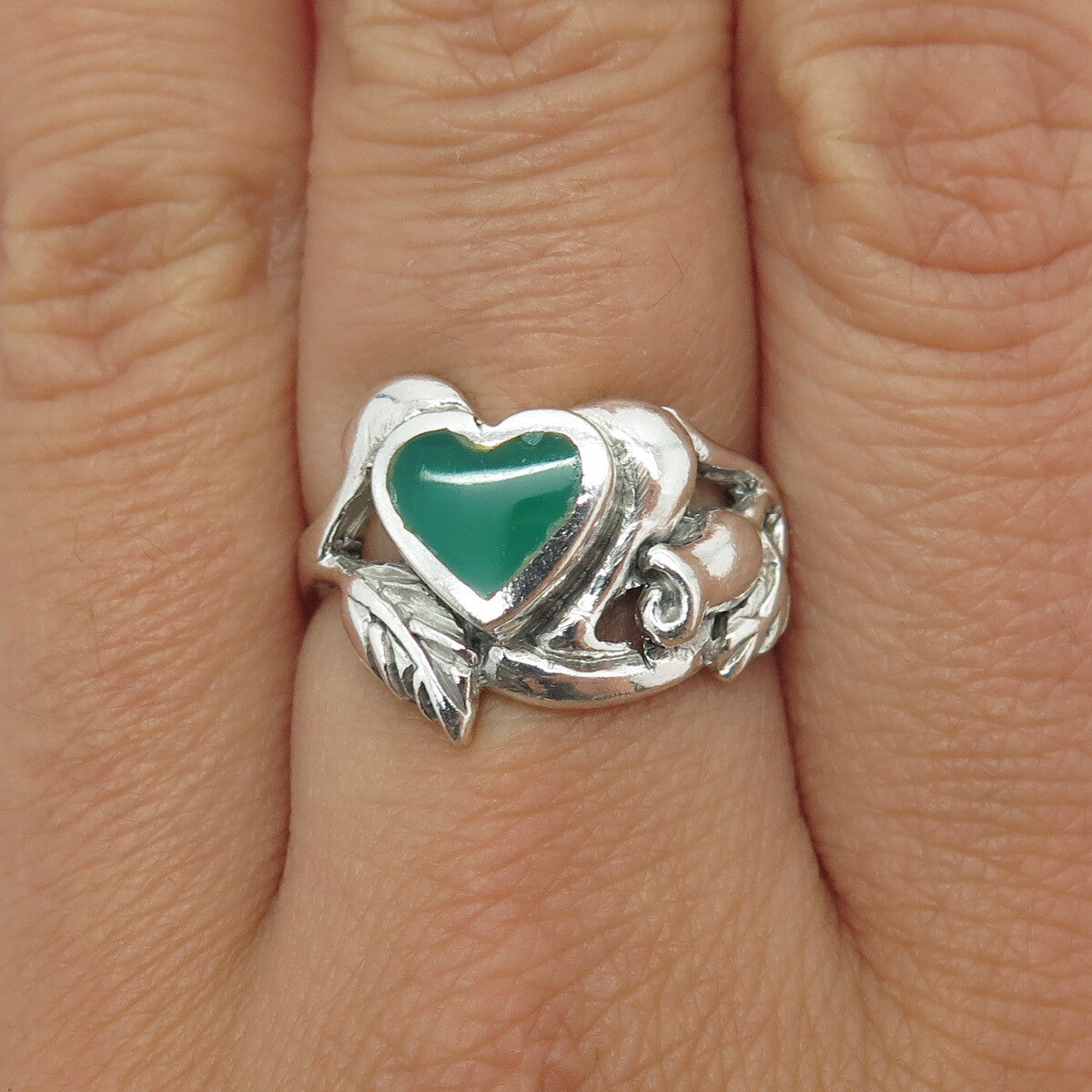 925 Sterling Silver Vintage Real Green Onyx Heart & Flower Ring Size 7.25