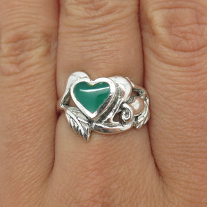 925 Sterling Silver Vintage Real Green Onyx Heart & Flower Ring Size 7.25