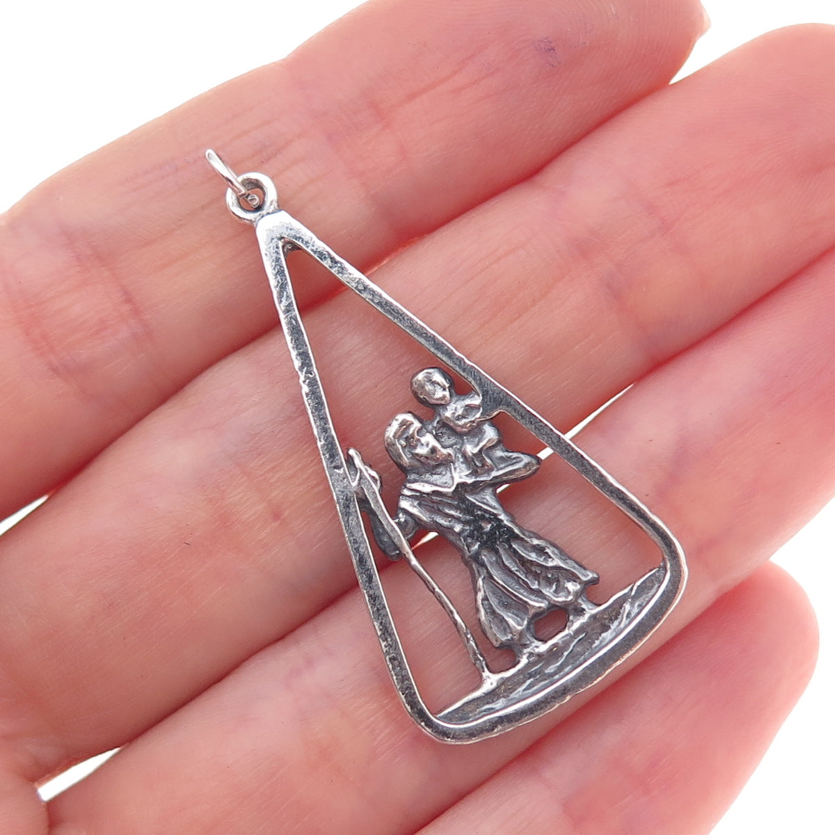 925 Sterling Silver Antique Art Deco St. Christopher Oxidized Charm Pendant